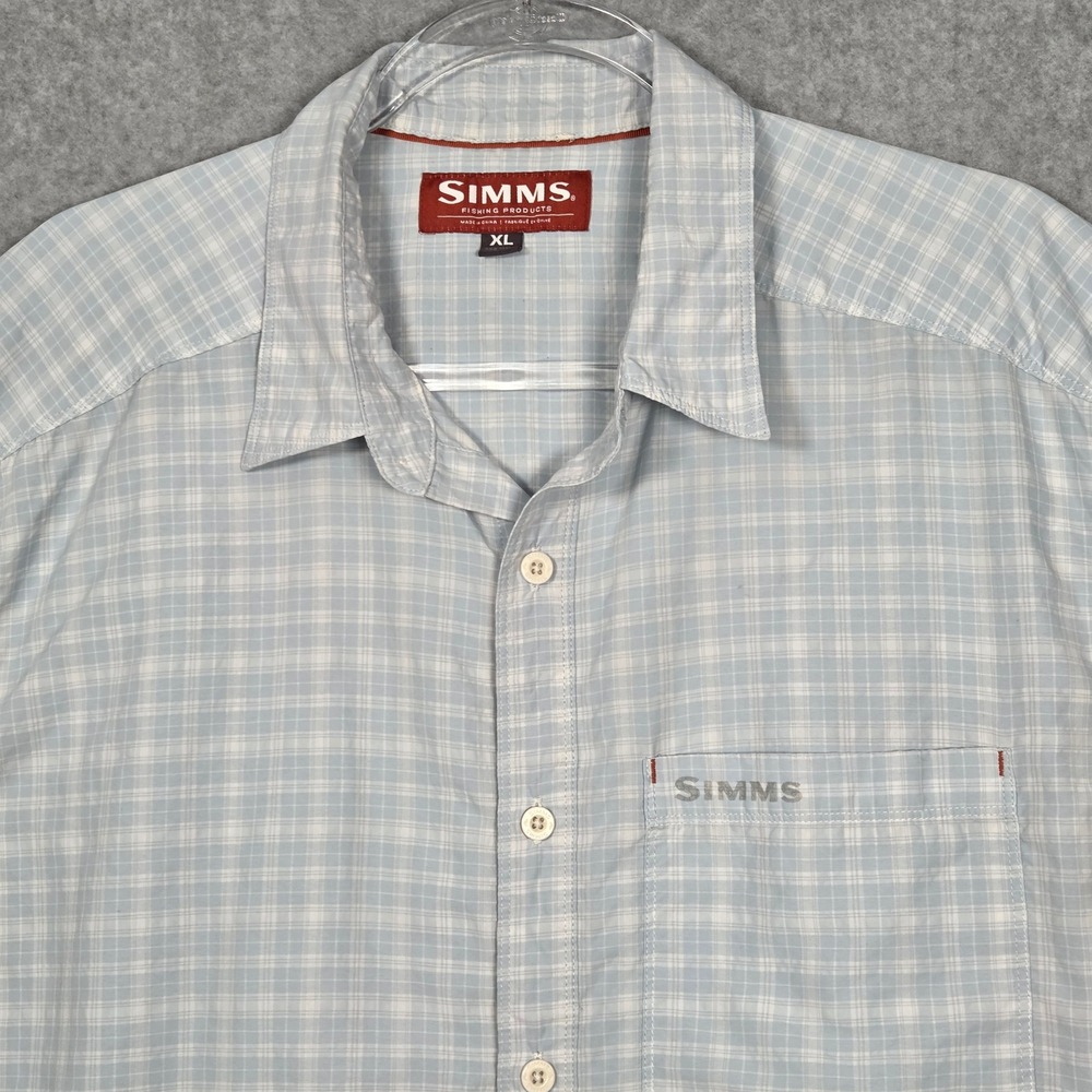 Simms Men XL Short Sleeve Fishing Button Down Shirt Blue Plaid Outdoor